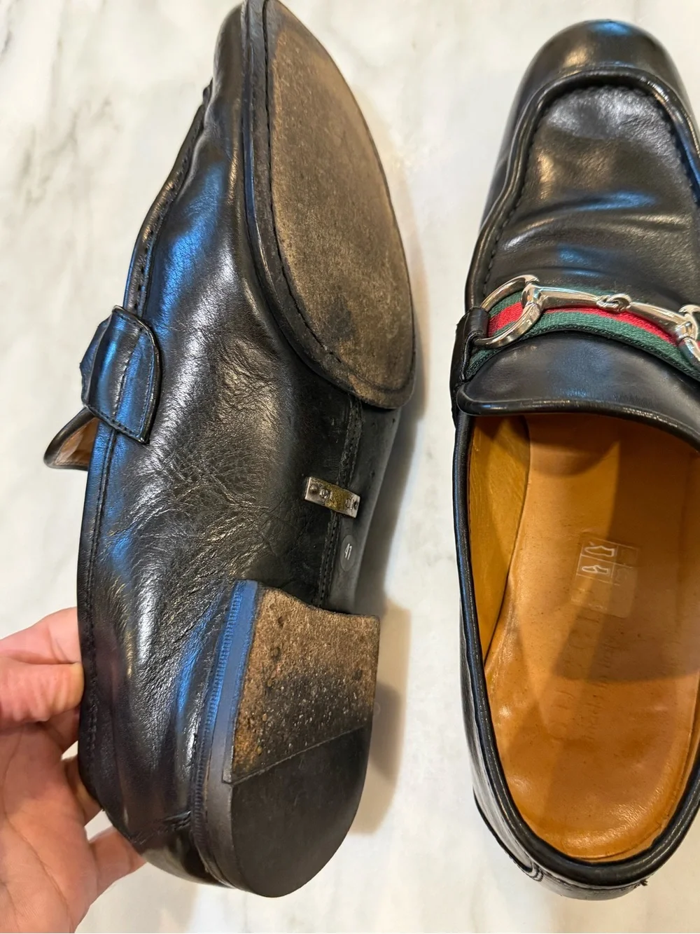 Vintage Gucci Horsebit Loafers Black Leather Web Stripe Mens 41 Italy